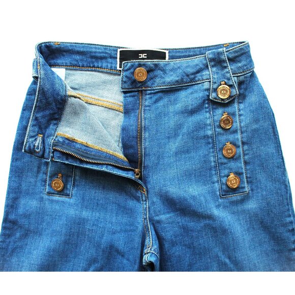 Elisabetta Franchi Palazzo Jeans 31" / Size 27 / Blue Button High Rise Wide Leg - Picture 8 of 11